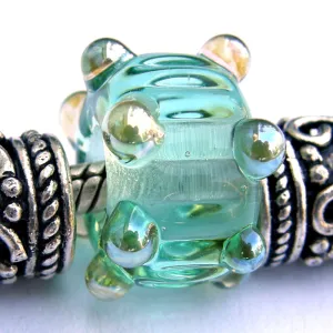 Handmade Large Hole Lampwork Beads, Glass Charm Emerald Green Ripples