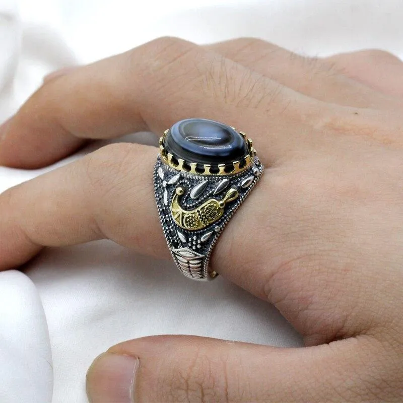 Hot sale Silver Eyes Agate Stone Black Spinel Ring
