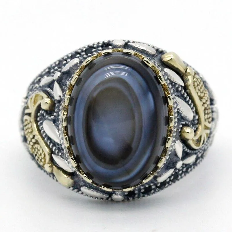 Hot sale Silver Eyes Agate Stone Black Spinel Ring