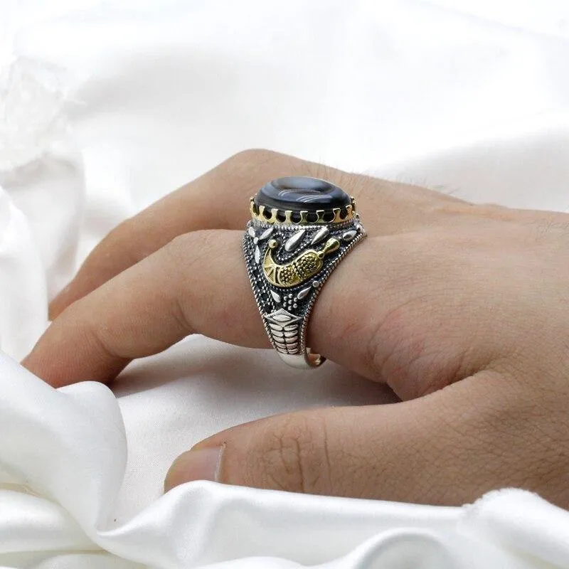 Hot sale Silver Eyes Agate Stone Black Spinel Ring