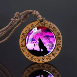 Howling Wolf At Night Round Wood Necklace