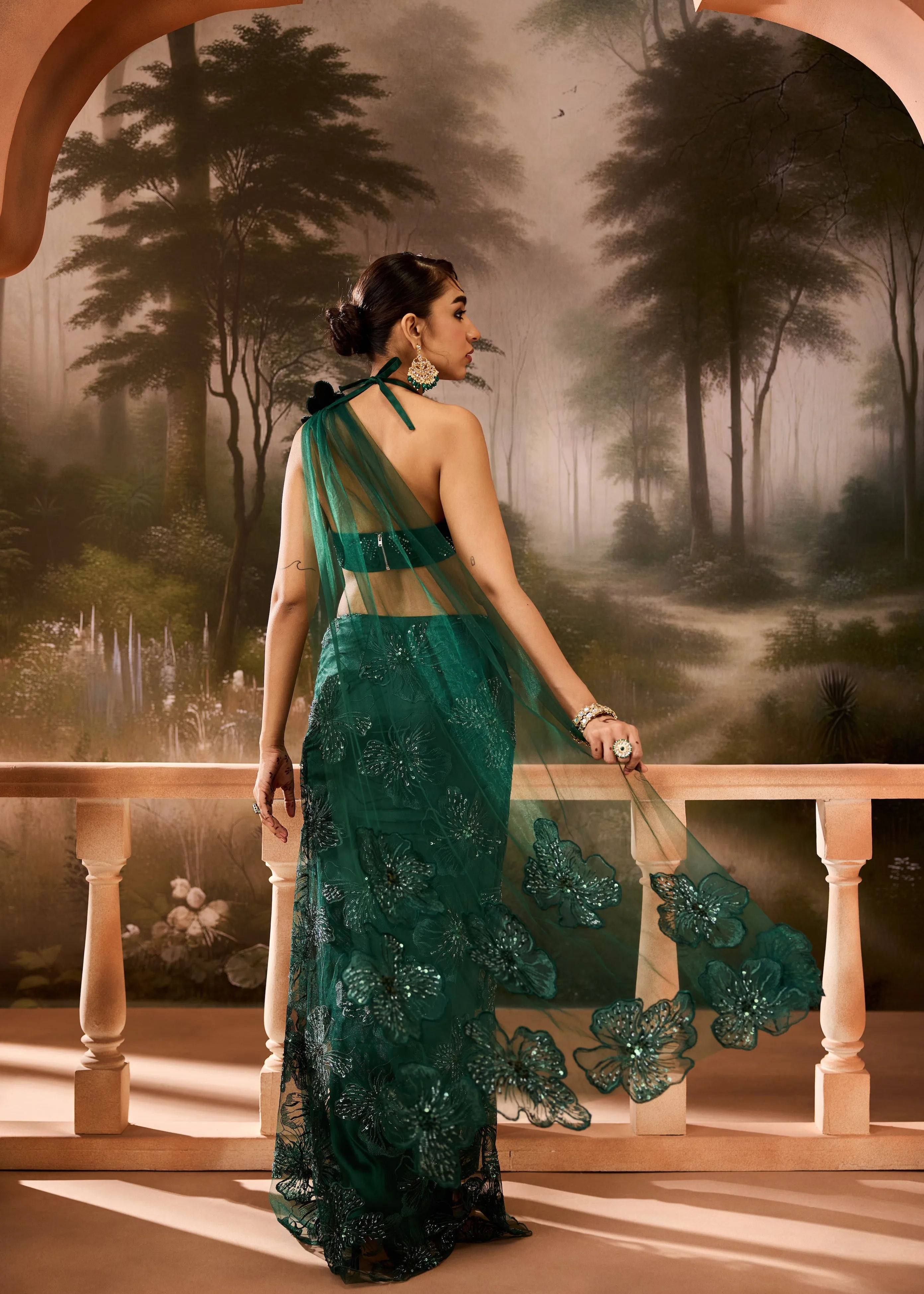 Kalini Emerald Green Floral Embroidered Saree