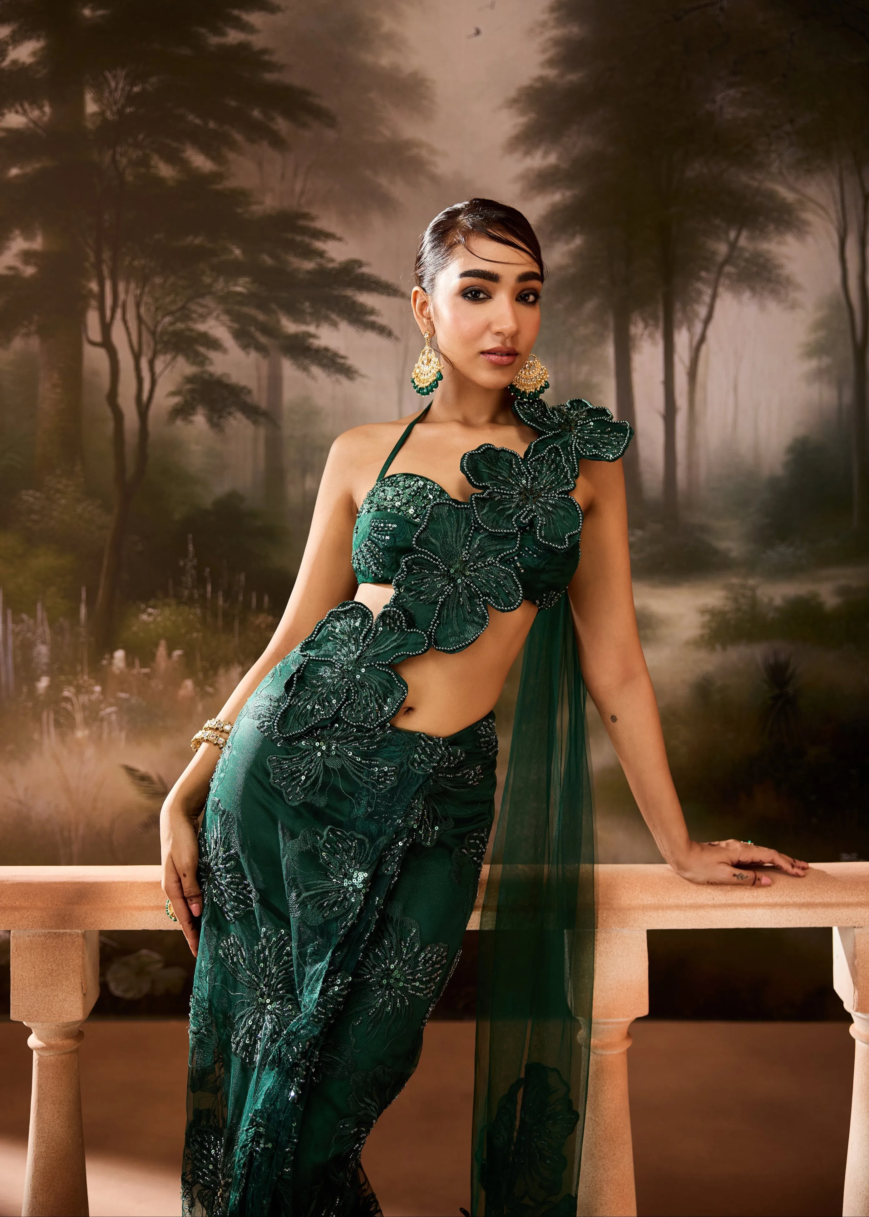 Kalini Emerald Green Floral Embroidered Saree