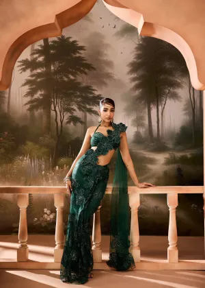 Kalini Emerald Green Floral Embroidered Saree