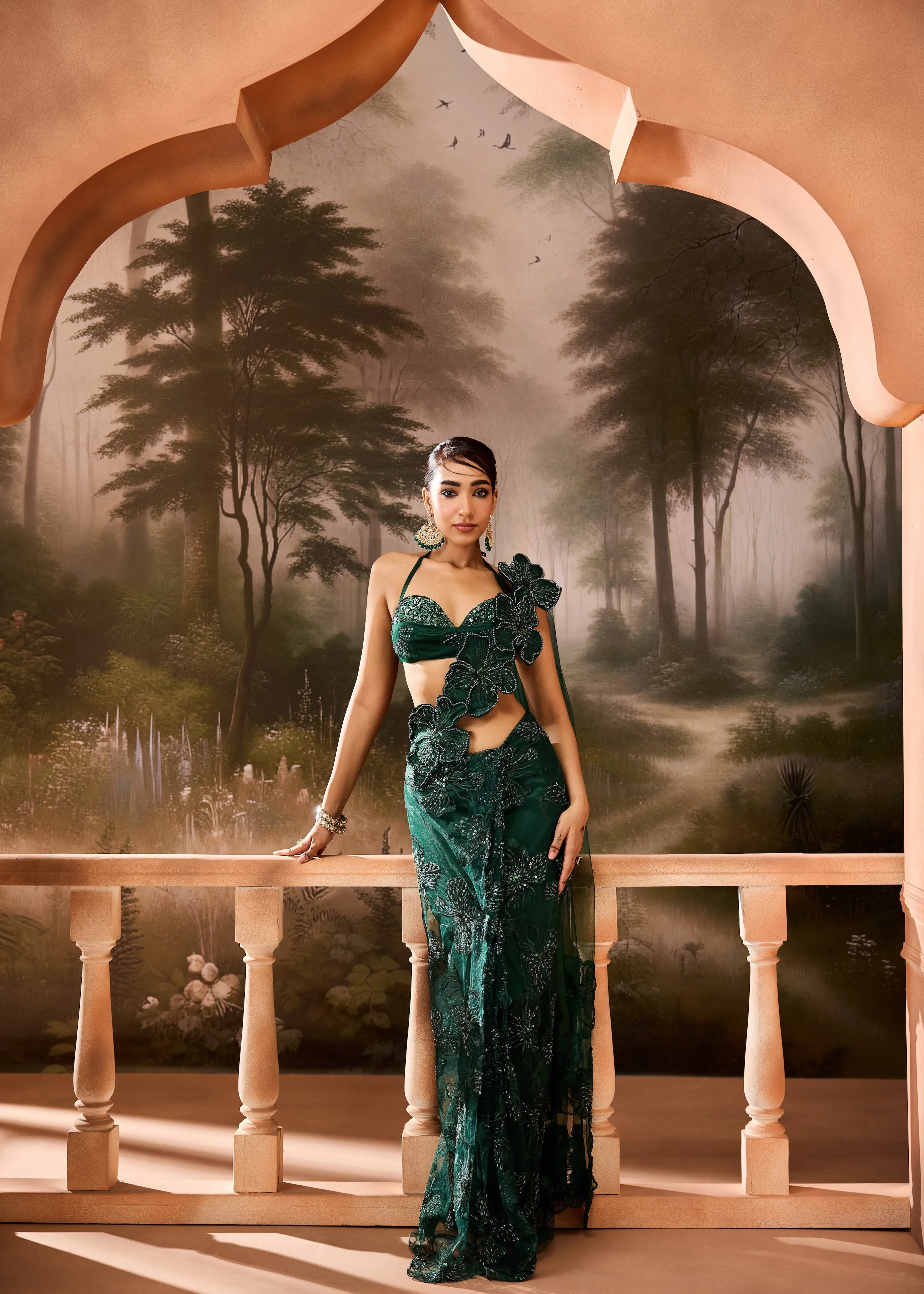 Kalini Emerald Green Floral Embroidered Saree