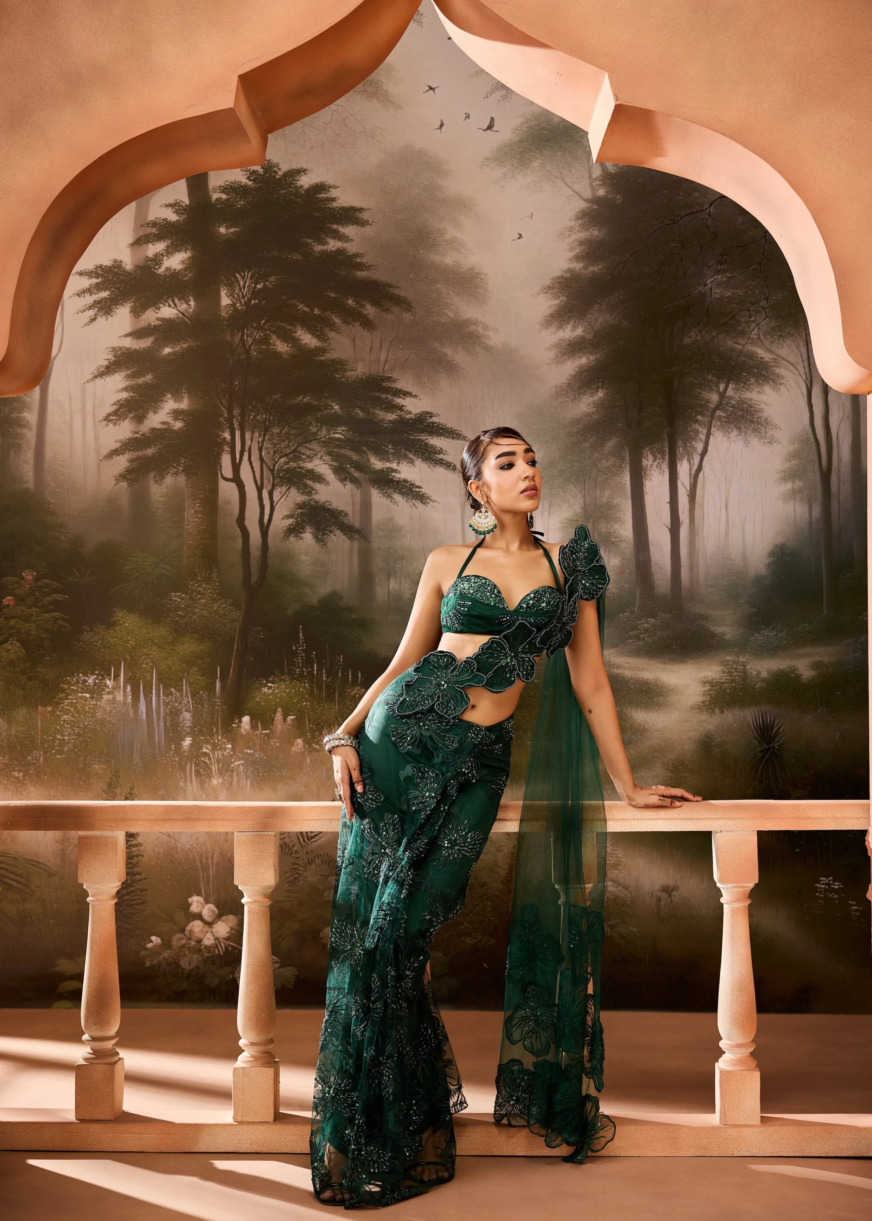 Kalini Emerald Green Floral Embroidered Saree