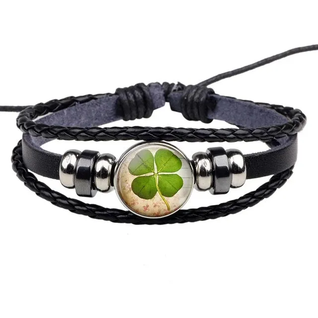 Lucky Clover Multi Layer Black Leather Bracelet