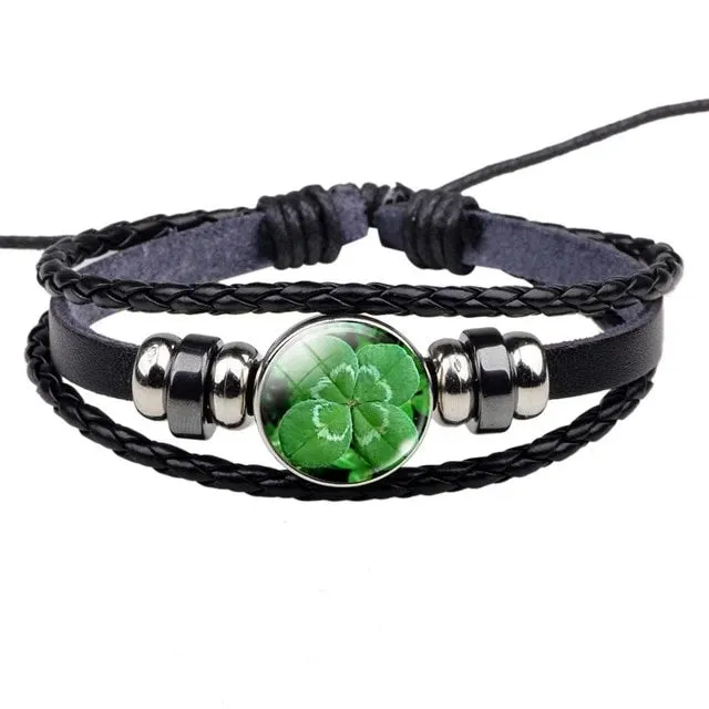 Lucky Clover Multi Layer Black Leather Bracelet