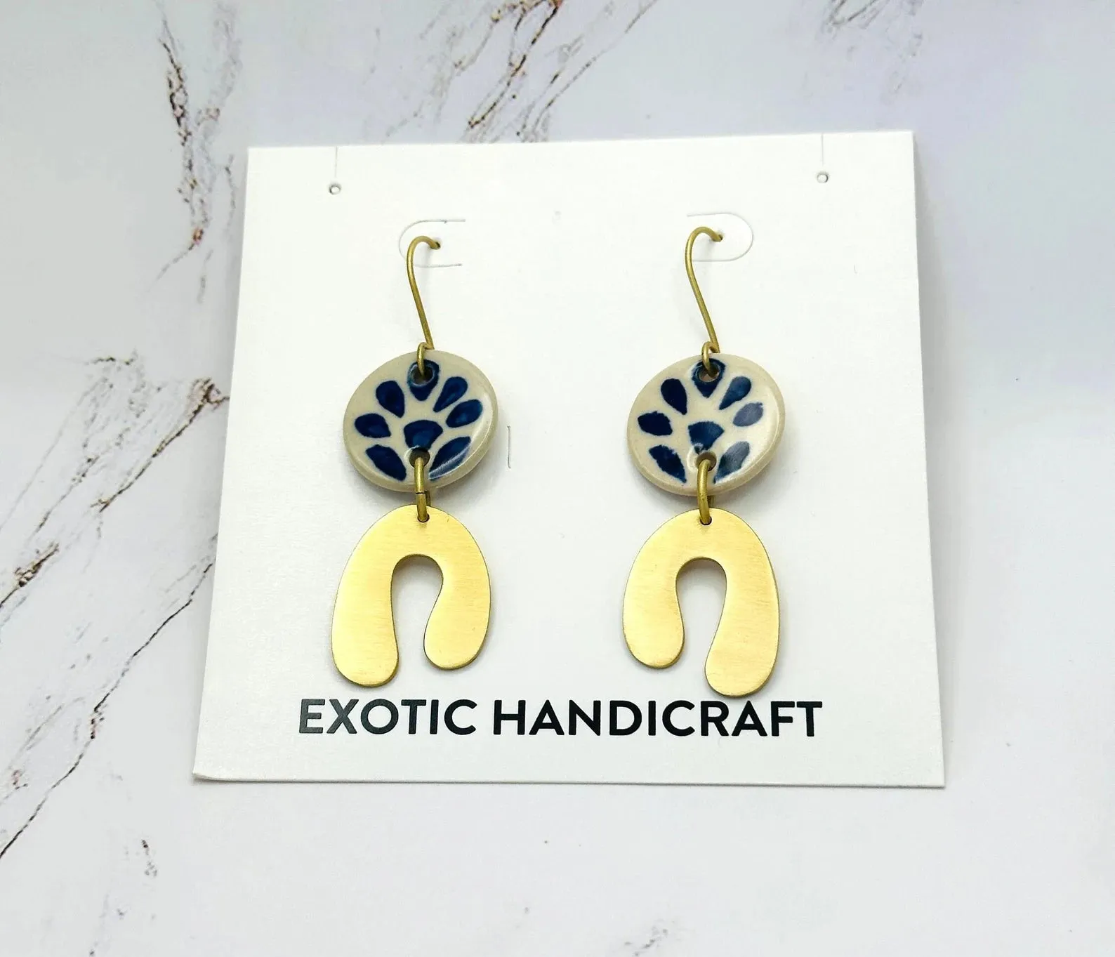 Lunar Embrace - Hand-painted Blue Delft and Gold Modern Dangle Earrings