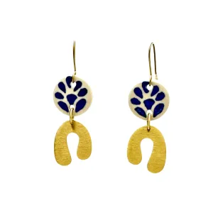 Lunar Embrace - Hand-painted Blue Delft and Gold Modern Dangle Earrings