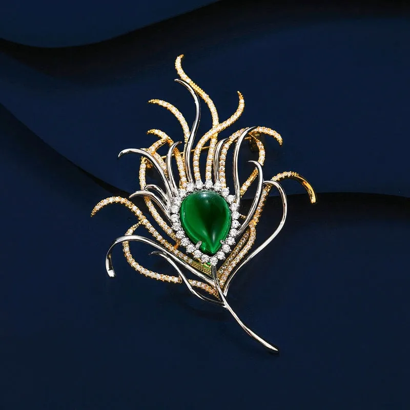 Luxury Fashion Copper Micro-Set Cubic Zirconia Emerald Two-Color Peacock Feather Brooch