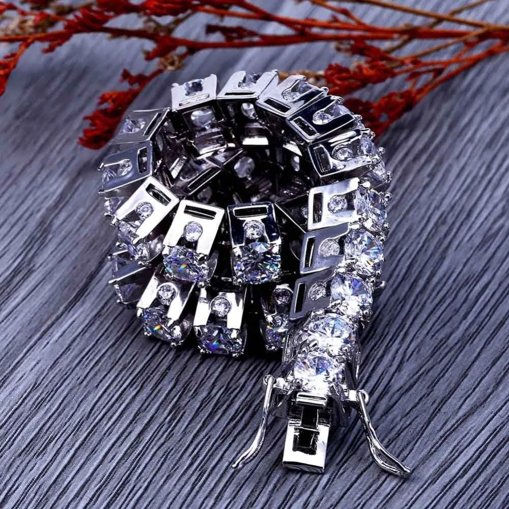 MISSFOX Hiphop Men 10mm Big CZ Diamond Cuba Bracelets & Bangles 18K Gold Argent Brazalete Hombre 1 Row Trapezoid Luxury Bracelet