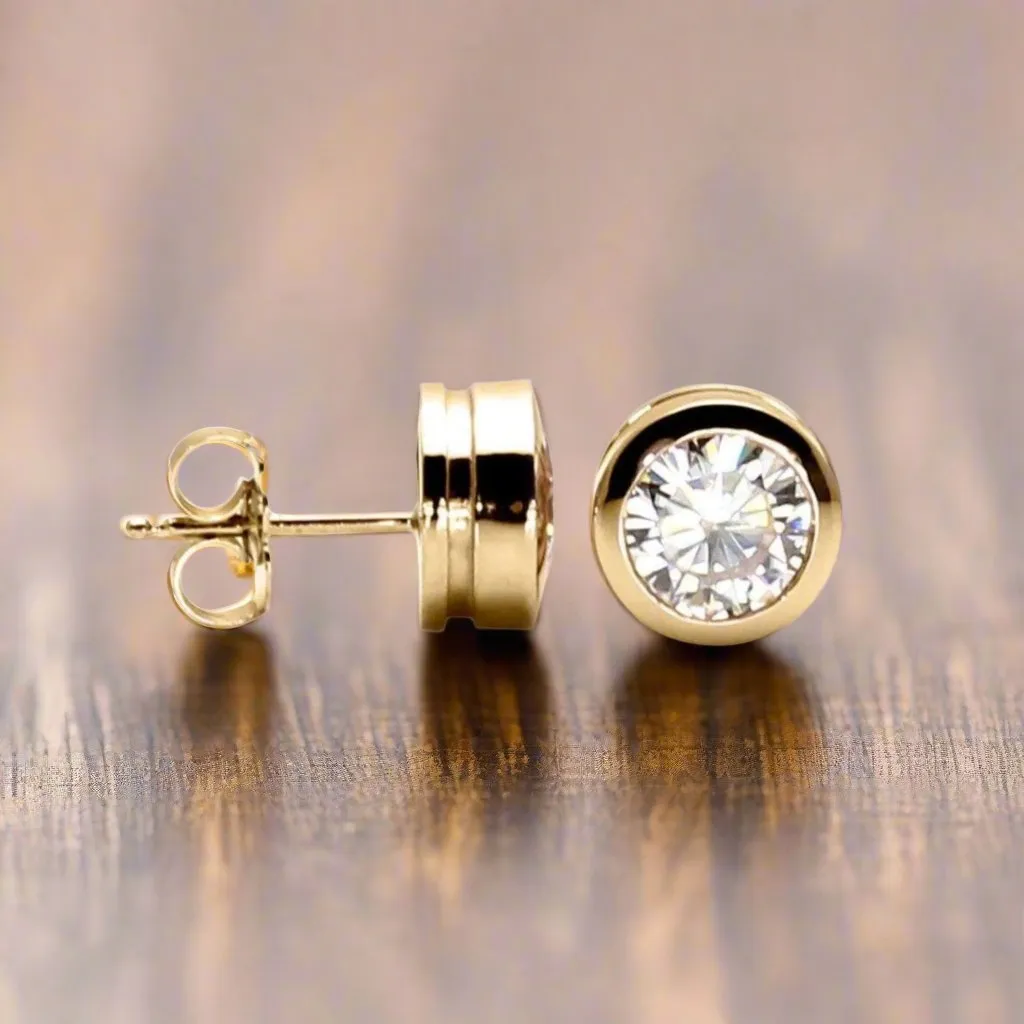 Moissanite Stud Earrings | Forever One Bezel Set in 14K Gold, 1-2 Carats