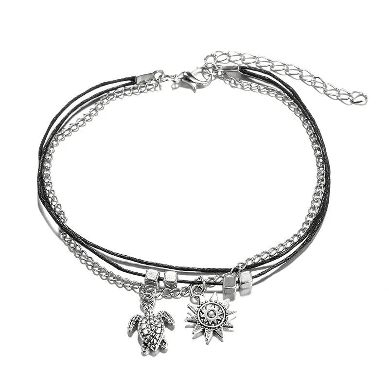 Multi-Layered Anklet For Women, Vintage, Turtle Pendant, Boho,