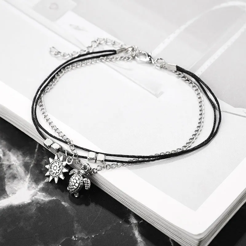 Multi-Layered Anklet For Women, Vintage, Turtle Pendant, Boho,