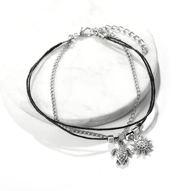 Multi-Layered Anklet For Women, Vintage, Turtle Pendant, Boho,