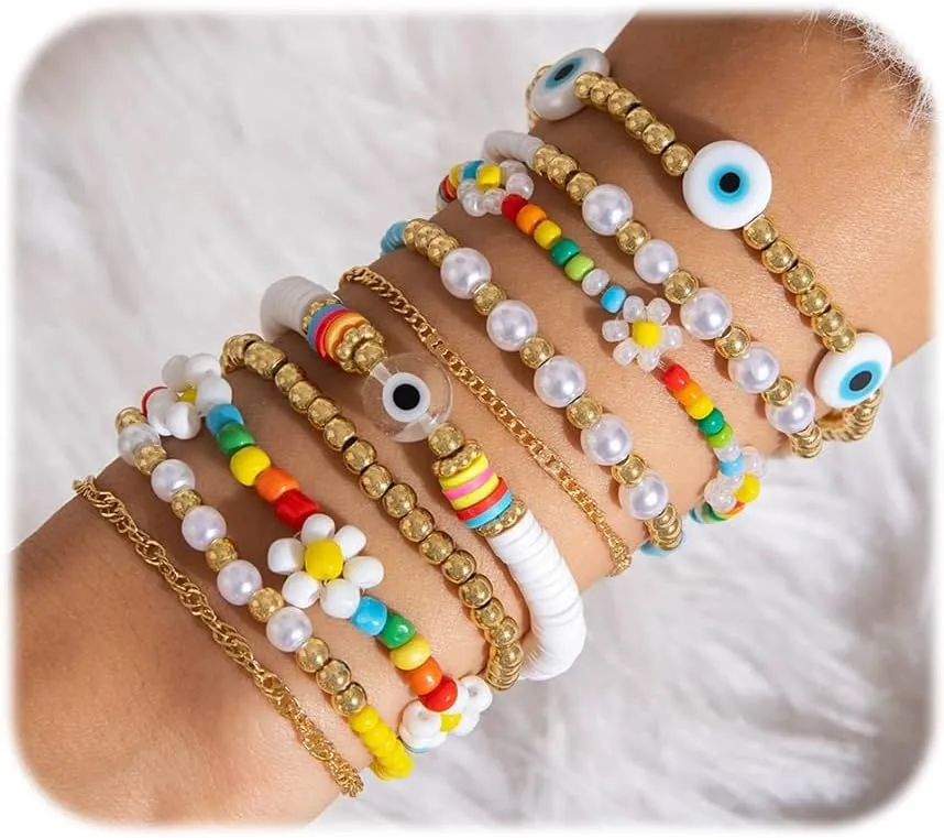 MYANAIL 10 Pairs Devil's Eye Bracelet Set for Women Bohemia Colourful Bead Stretch String Bracelet Set Jewellery Flower Pearl Beaded Bangle Gold Chain Bracelet