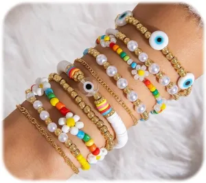 MYANAIL 10 Pairs Devil's Eye Bracelet Set for Women Bohemia Colourful Bead Stretch String Bracelet Set Jewellery Flower Pearl Beaded Bangle Gold Chain Bracelet