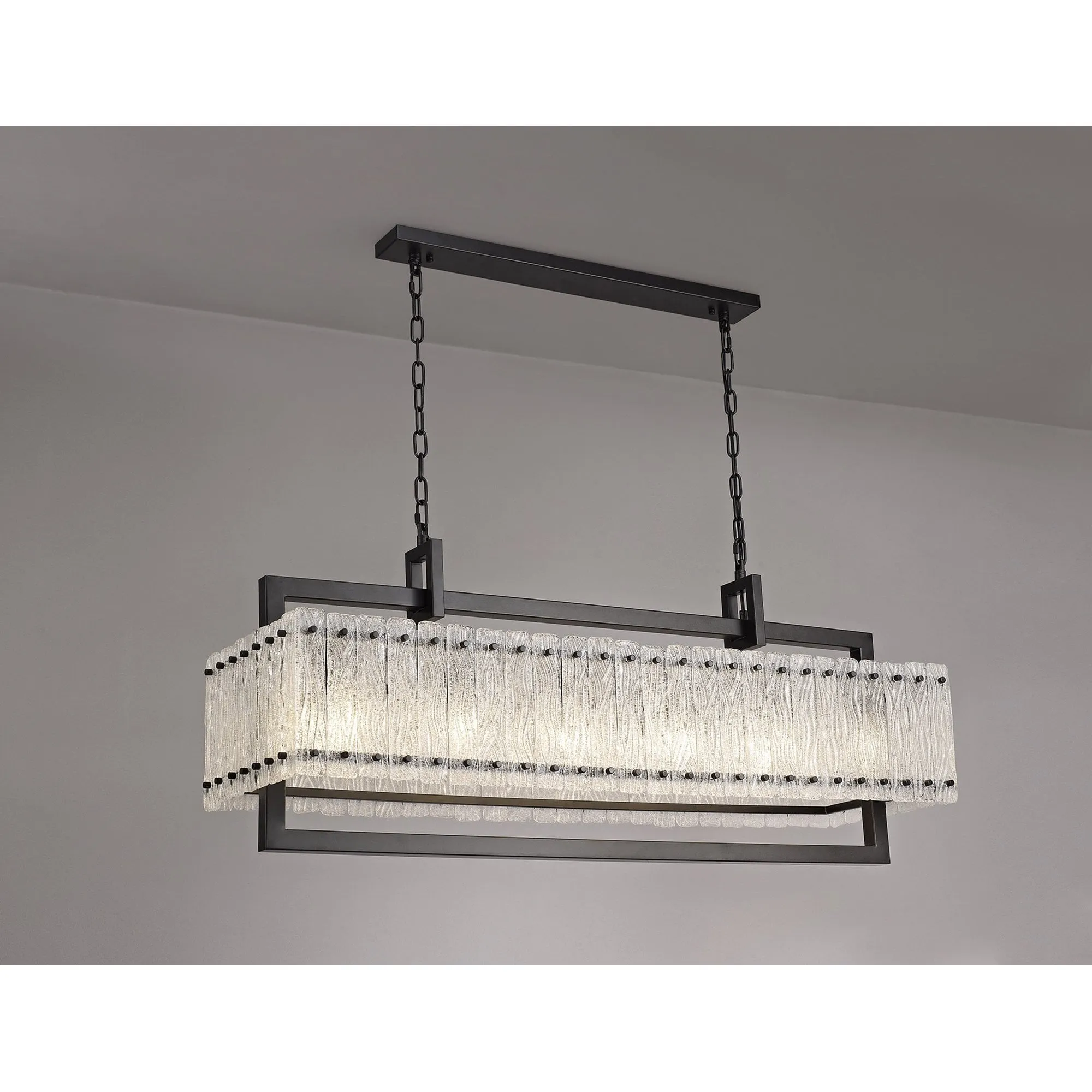 Nelson Lighting NL76869 Sorrel Large Rectangular Pendant 12 Light Matt Black/Crystal Sand Glass