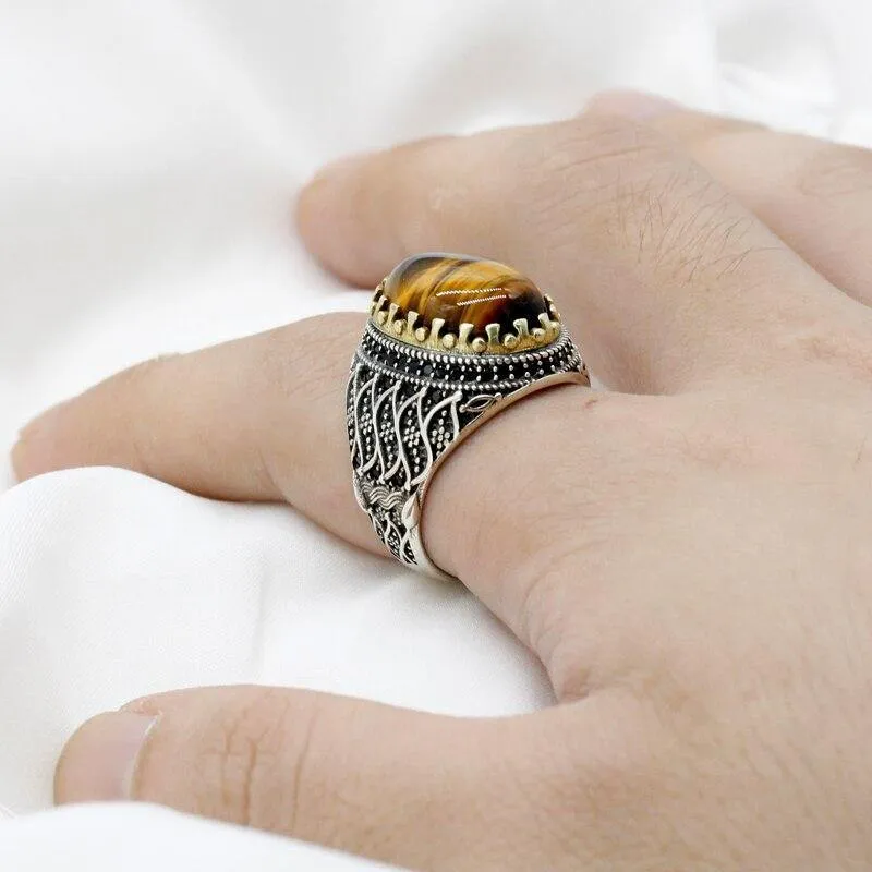 New Silver Natural Tiger Eye High Jewelry Ring