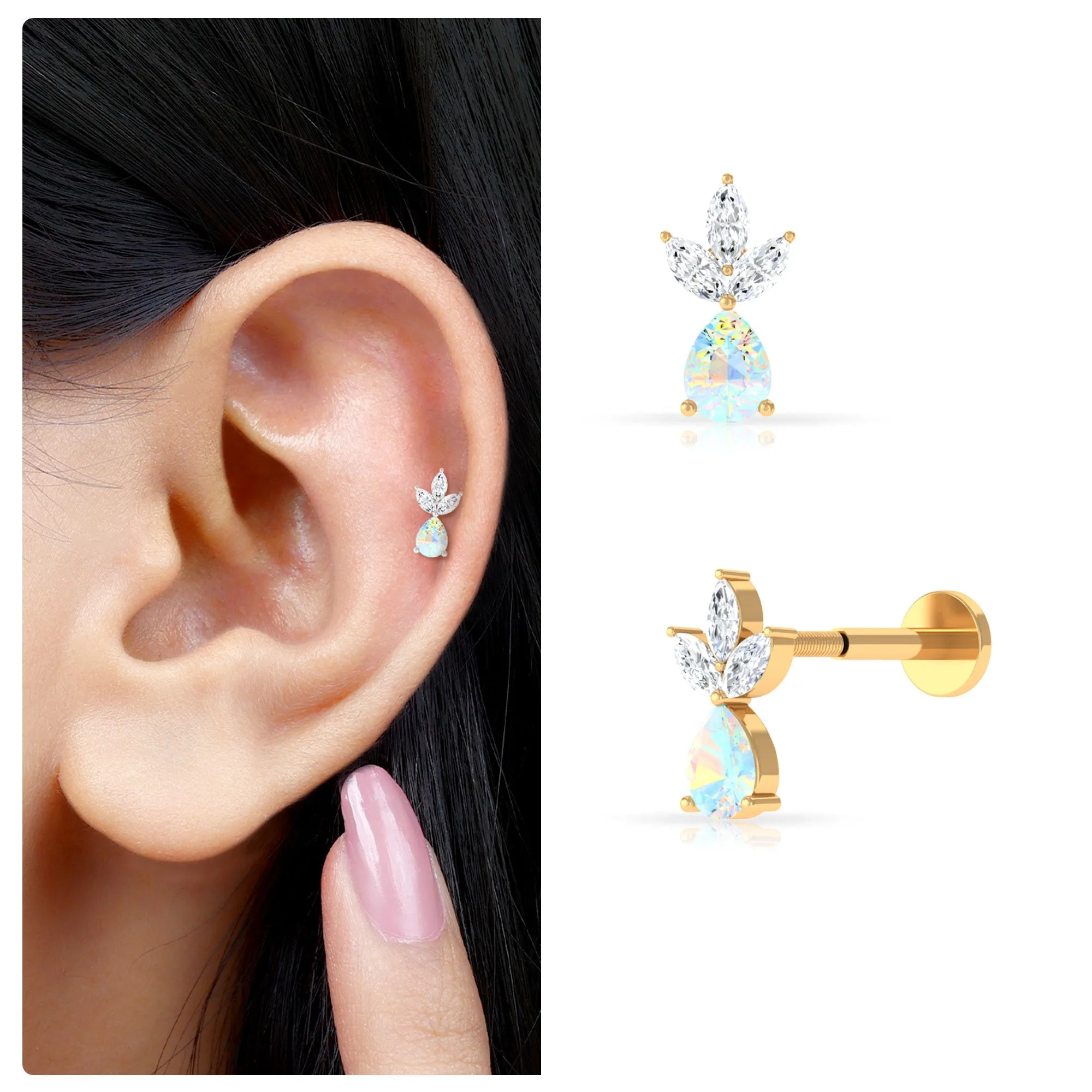 Pear Cut Ethiopian Opal and Moissanite Helix Earring in Gold