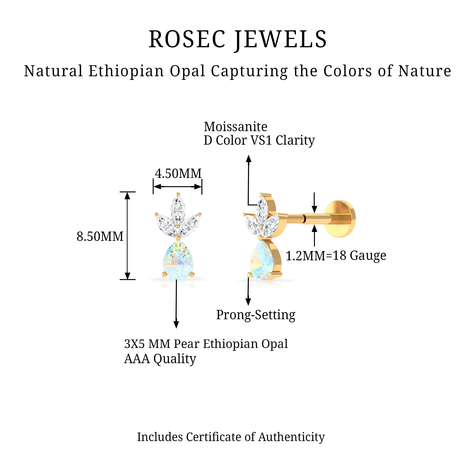 Pear Cut Ethiopian Opal and Moissanite Helix Earring in Gold