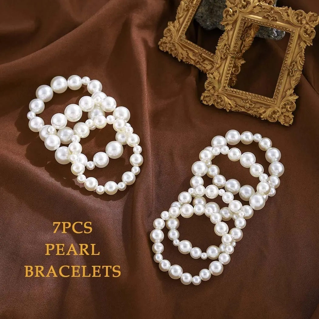 Pearl Bracelets for Women White Pearl Bracelet Stretch Pearl Bangles Stacked Wedding Pearls Bracelet