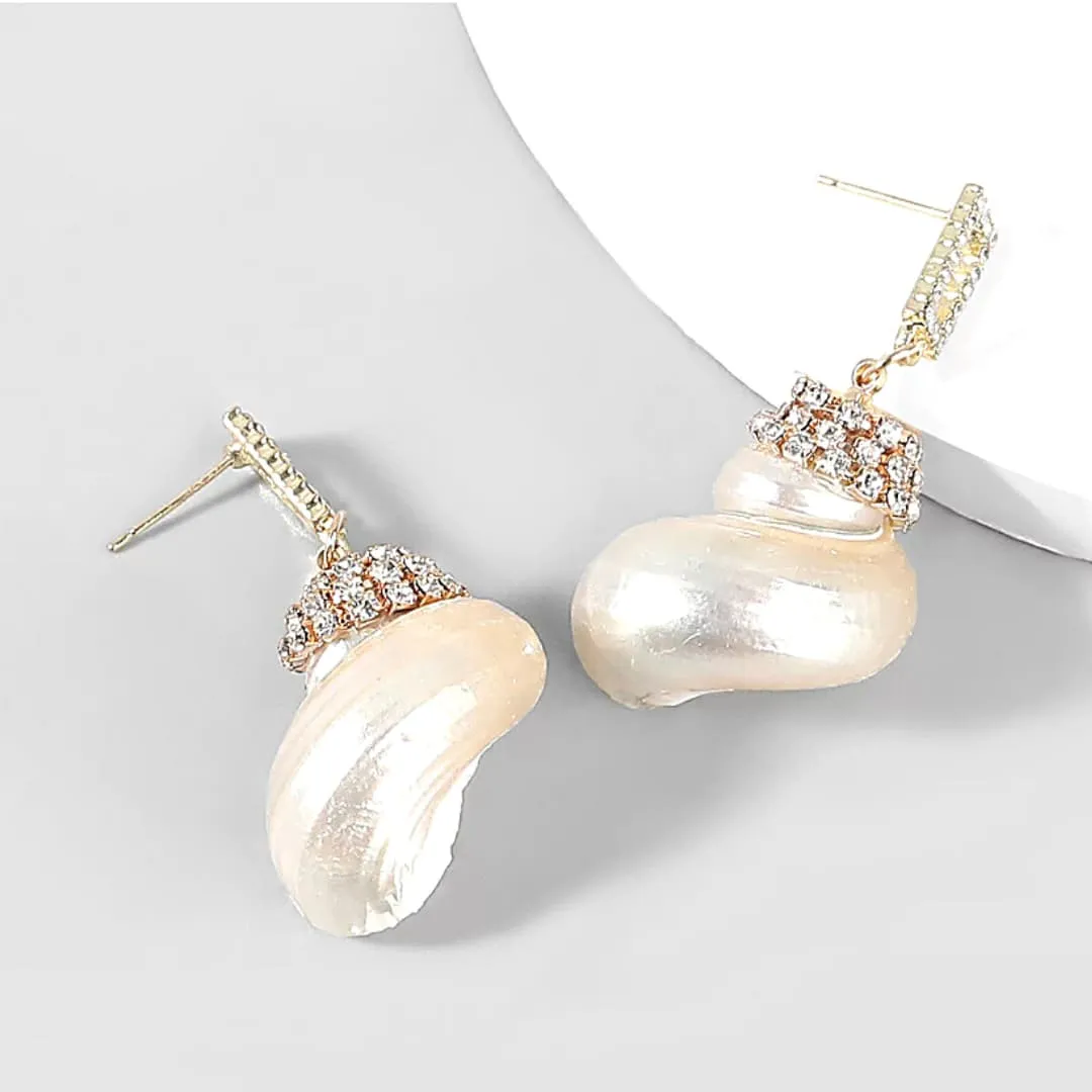 Pearled Dangling CZ Sea Shell Earrings 