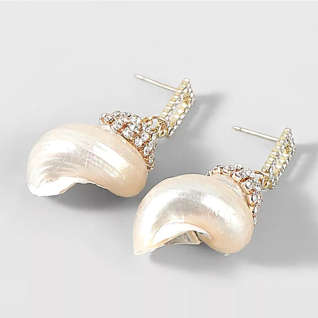 Pearled Dangling CZ Sea Shell Earrings 