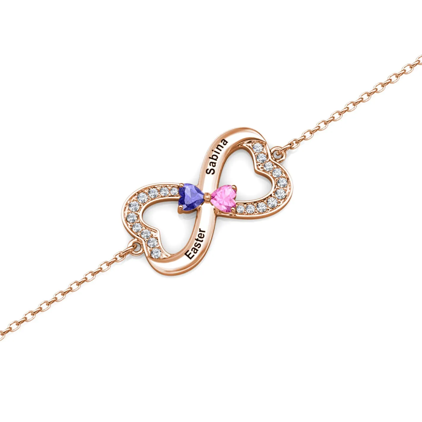 Personalised Engraved Infinity Two Birthstones Bracelet Sterling Silver Rose Gold