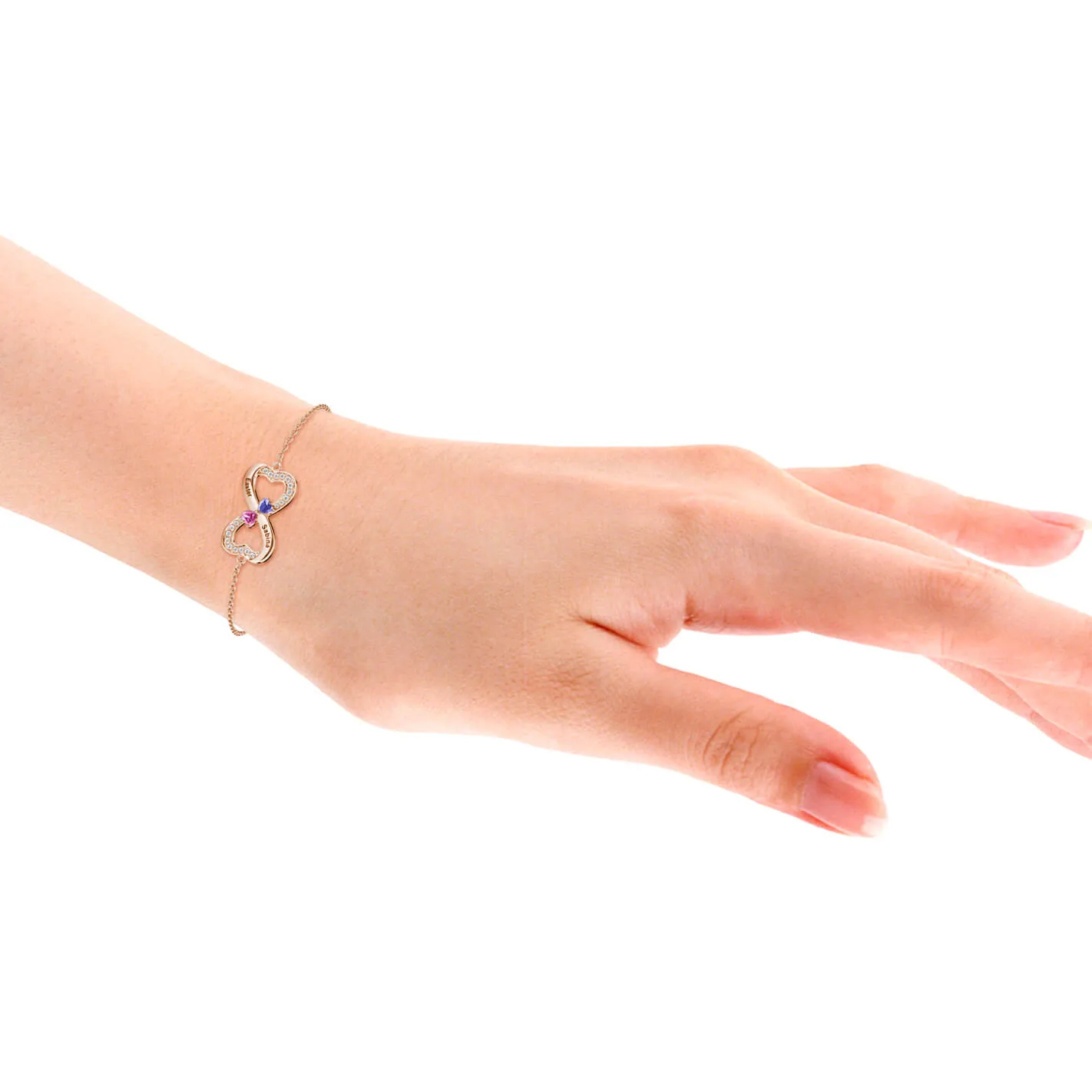 Personalised Engraved Infinity Two Birthstones Bracelet Sterling Silver Rose Gold