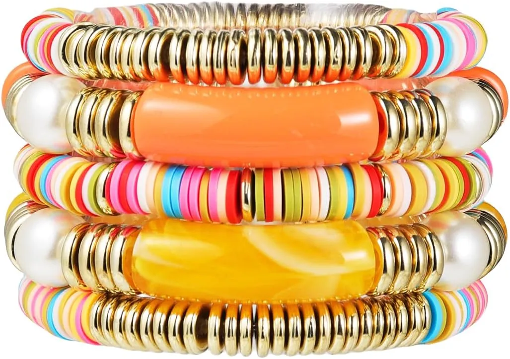 Pingyongchang Bamboo Tube Bangles Bracelet for Women Chunky Stacking Acrylic Polymer Clay Bracelets Colorful Beads Stretchable Friendship Bracelets for Women Bestfriends Couple Gifts Jewelry
