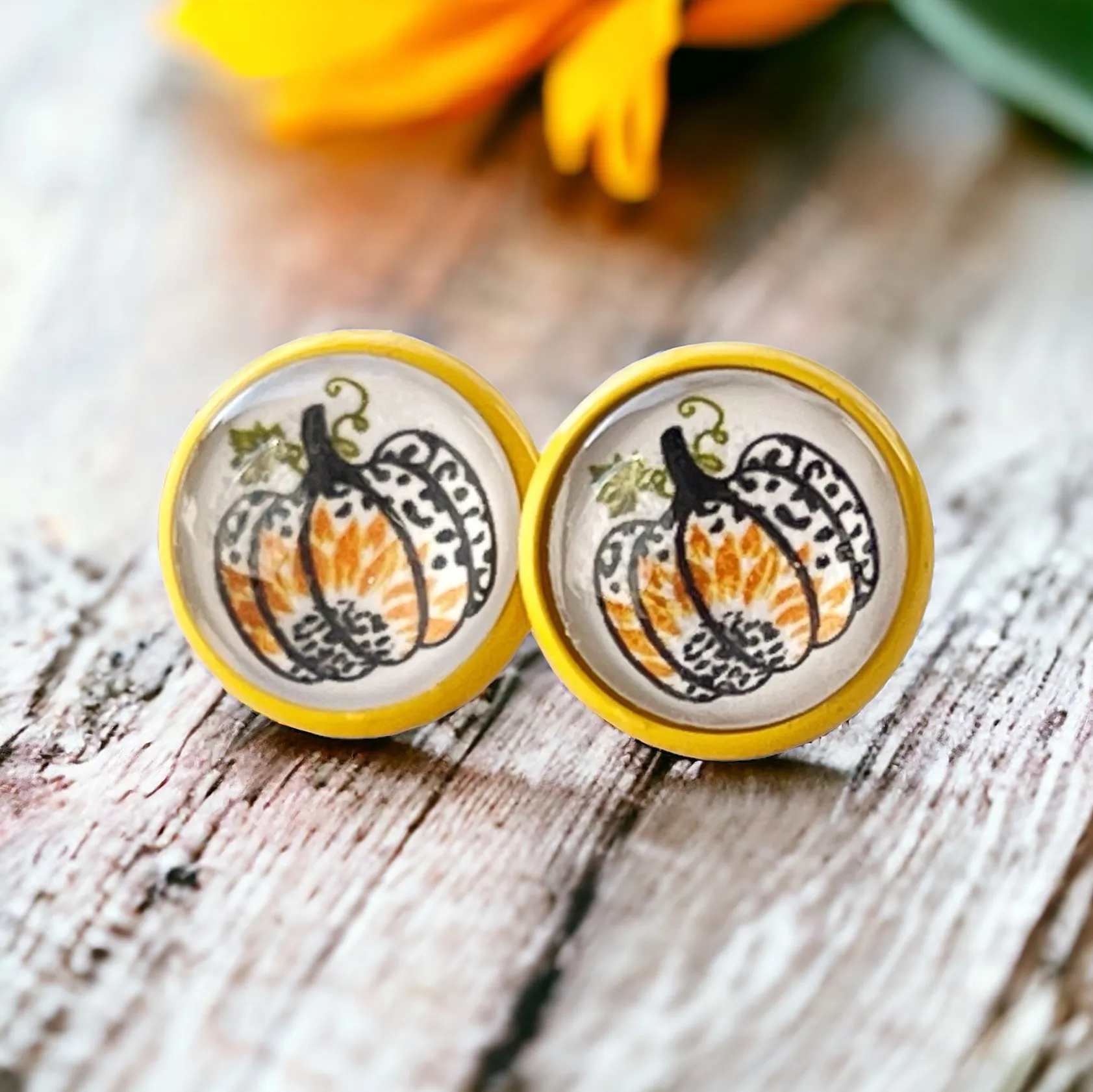 Pumpkin & Sunflower Yellow Stud Earrings: Unique Autumn Accents for Your Style