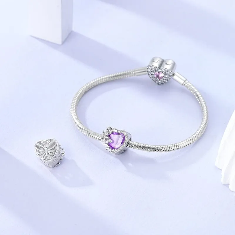 Purple Heart with Butterfly & Crystal Accents Charm