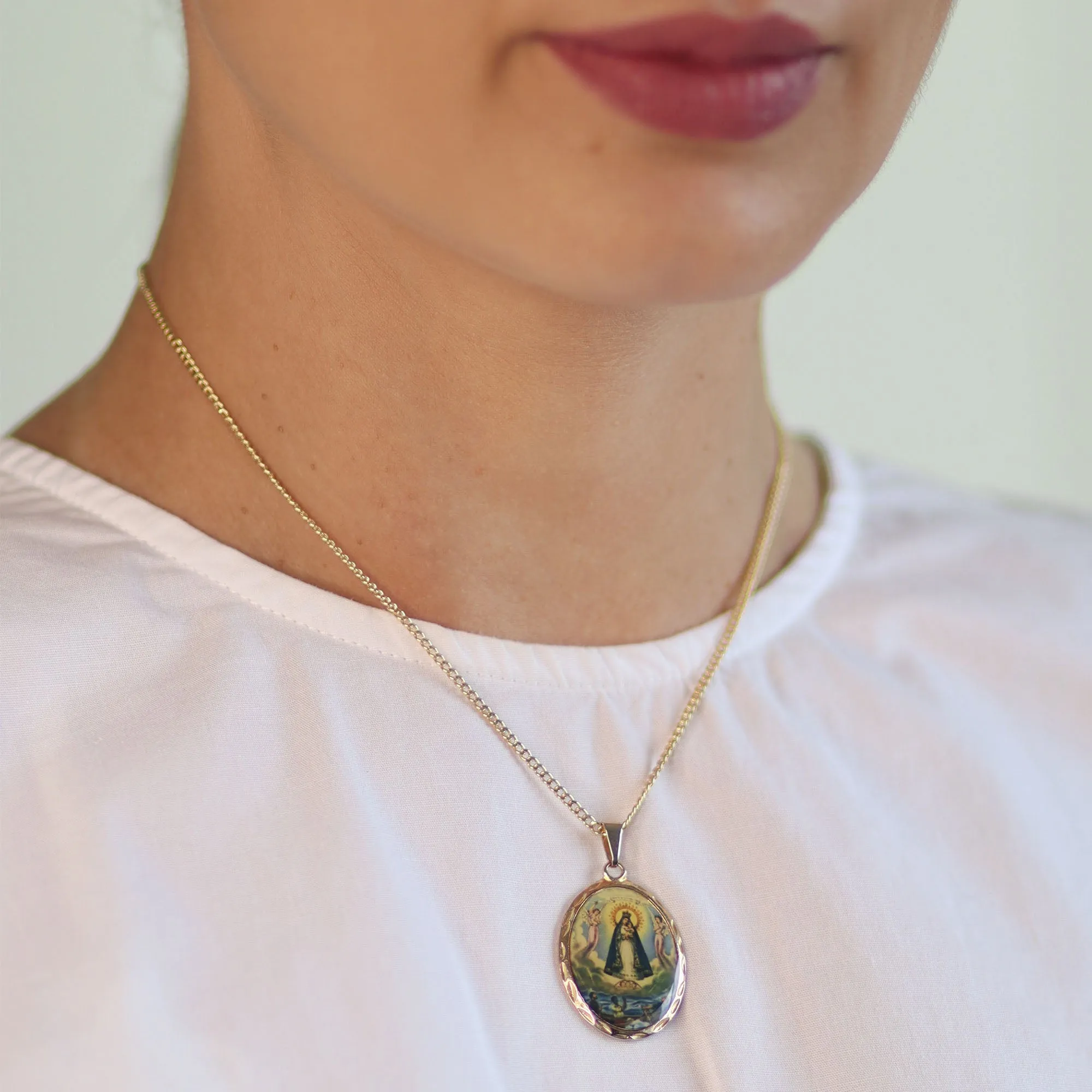 Religious Virgin Mary Oval Medal Pendant Necklace in Gold Plated Finish