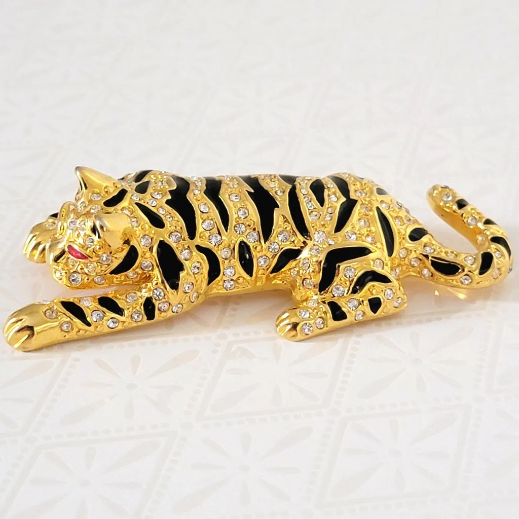 Rhinestone and Enamel Tiger Brooch