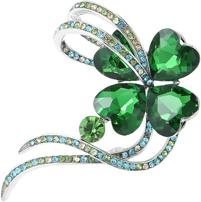 Rhinestone Clover Flower Bow Brooch Pin for Women Silvery Fashion Green Crystal Shamrock Heart Leaf Brooches Lapel Pins Lucky Dress Accessories St Patrick's Day Jewelry Gift