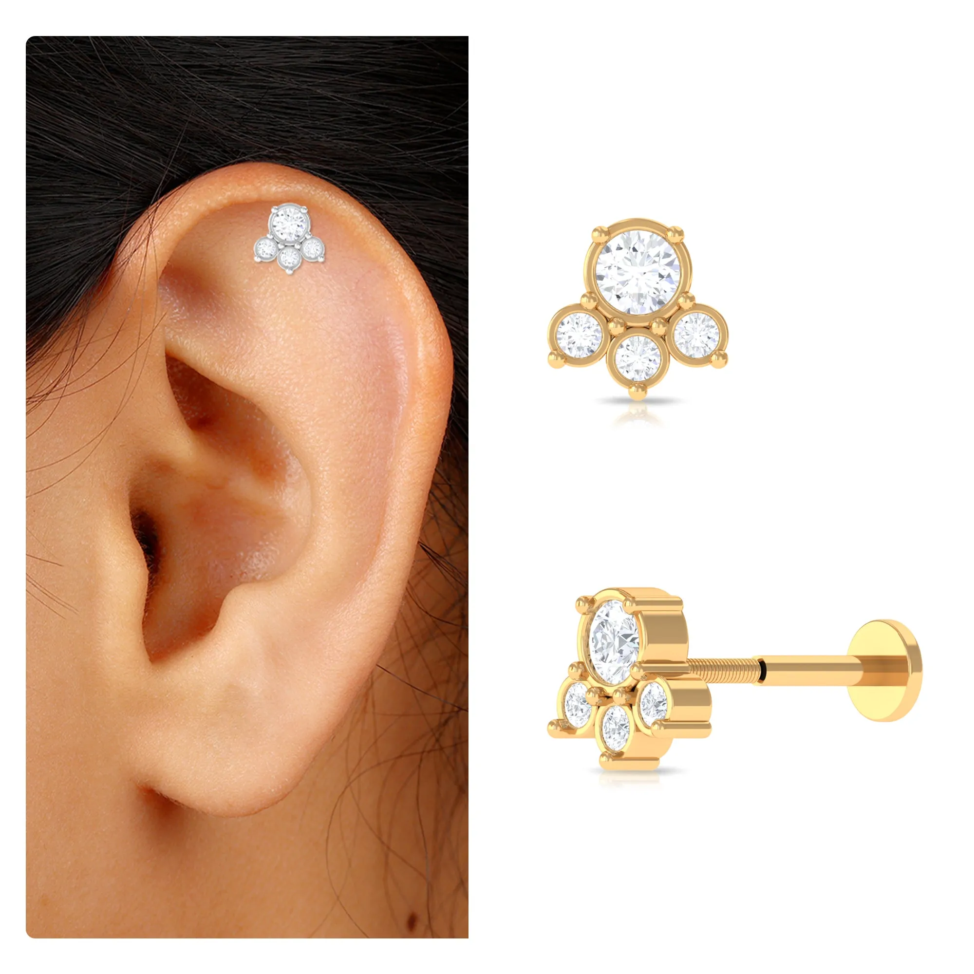 Round Moissanite Cluster Helix Earring in Bezel Setting
