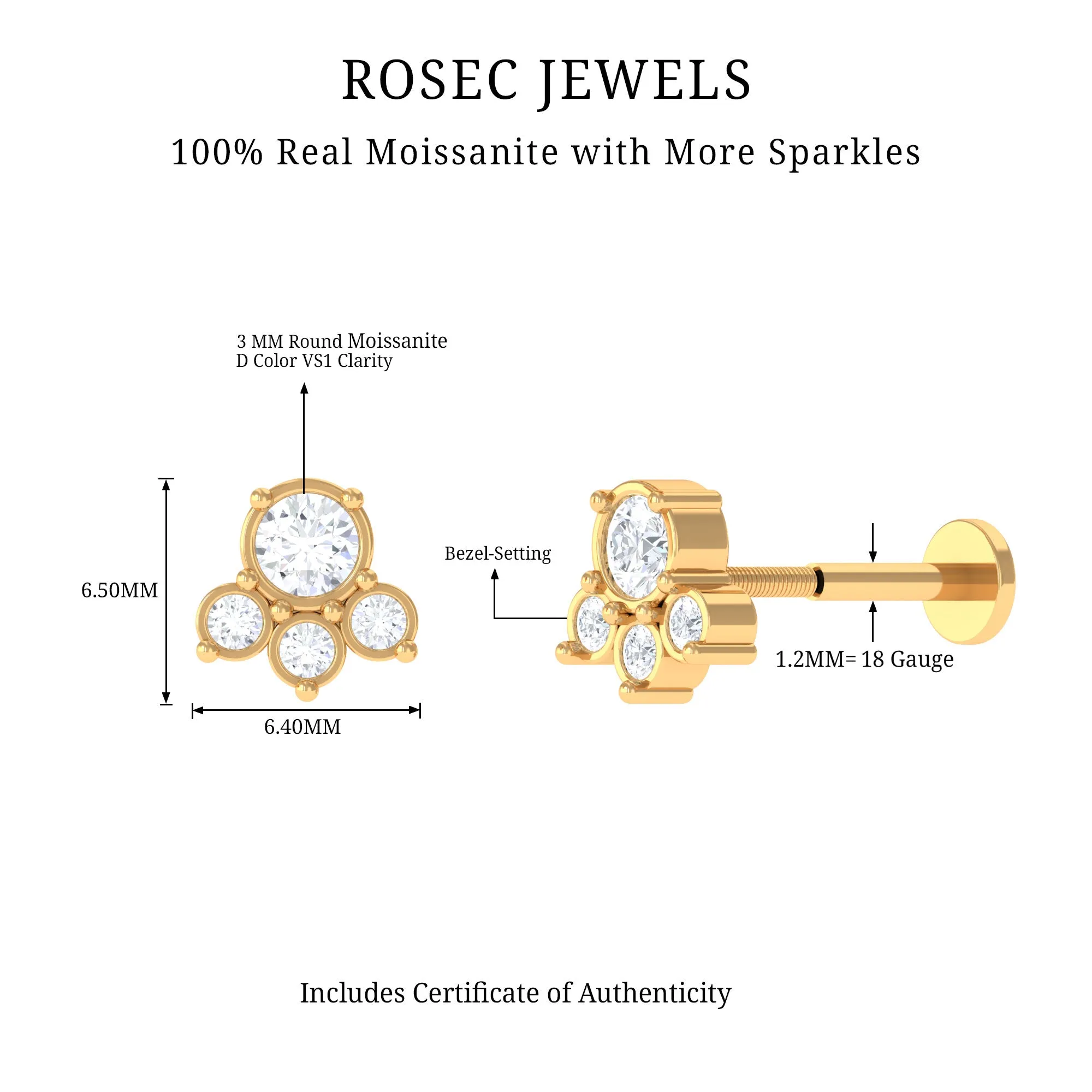 Round Moissanite Cluster Helix Earring in Bezel Setting