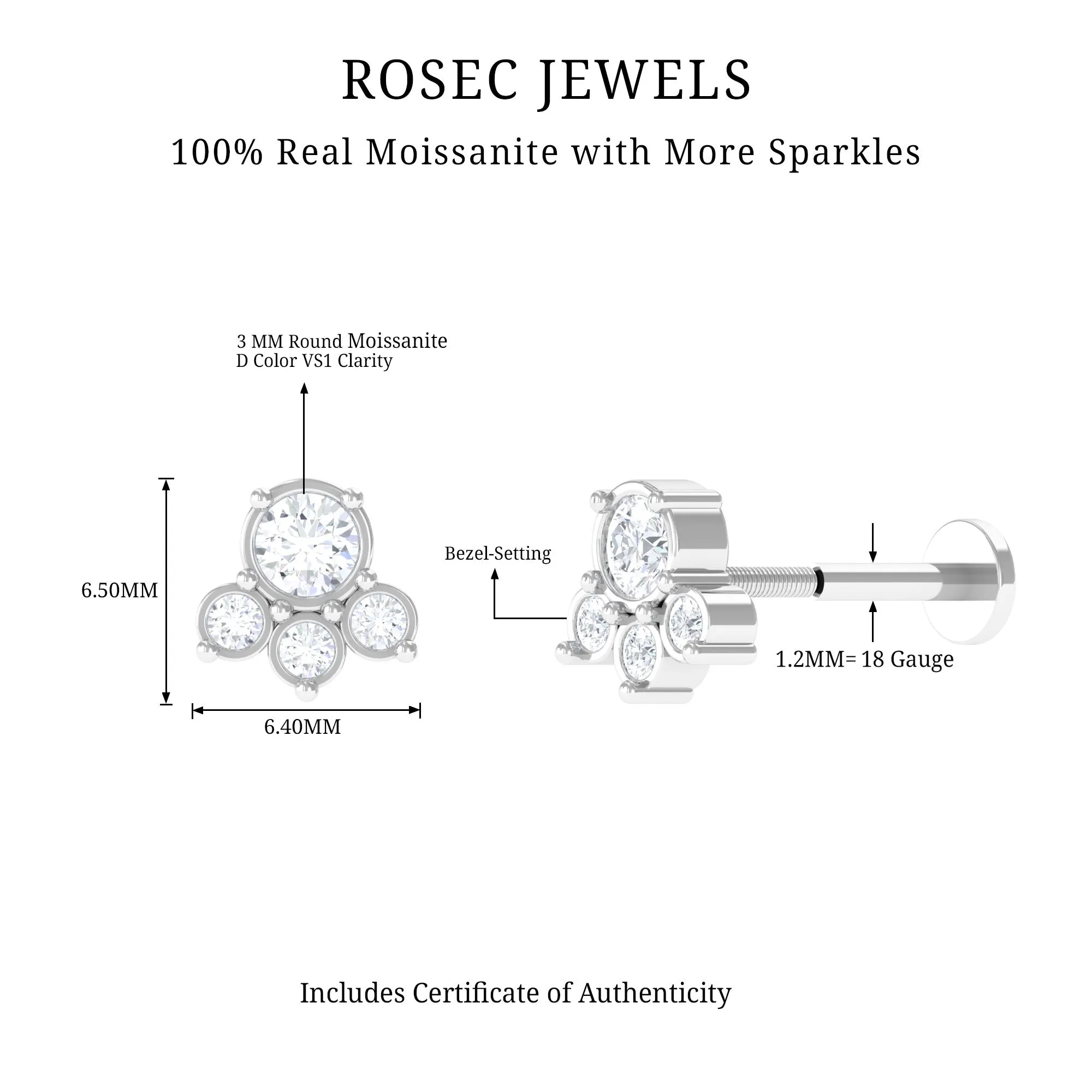 Round Moissanite Cluster Helix Earring in Bezel Setting