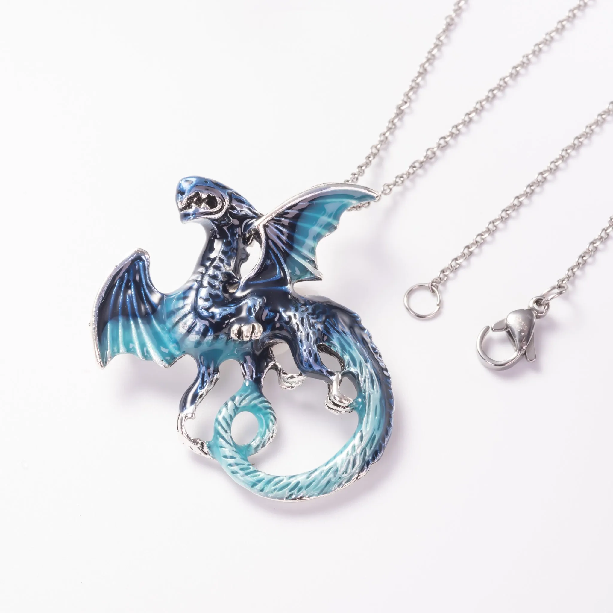 Royal Blue Dragon Brooch and Pendant Necklace with Steel Chain