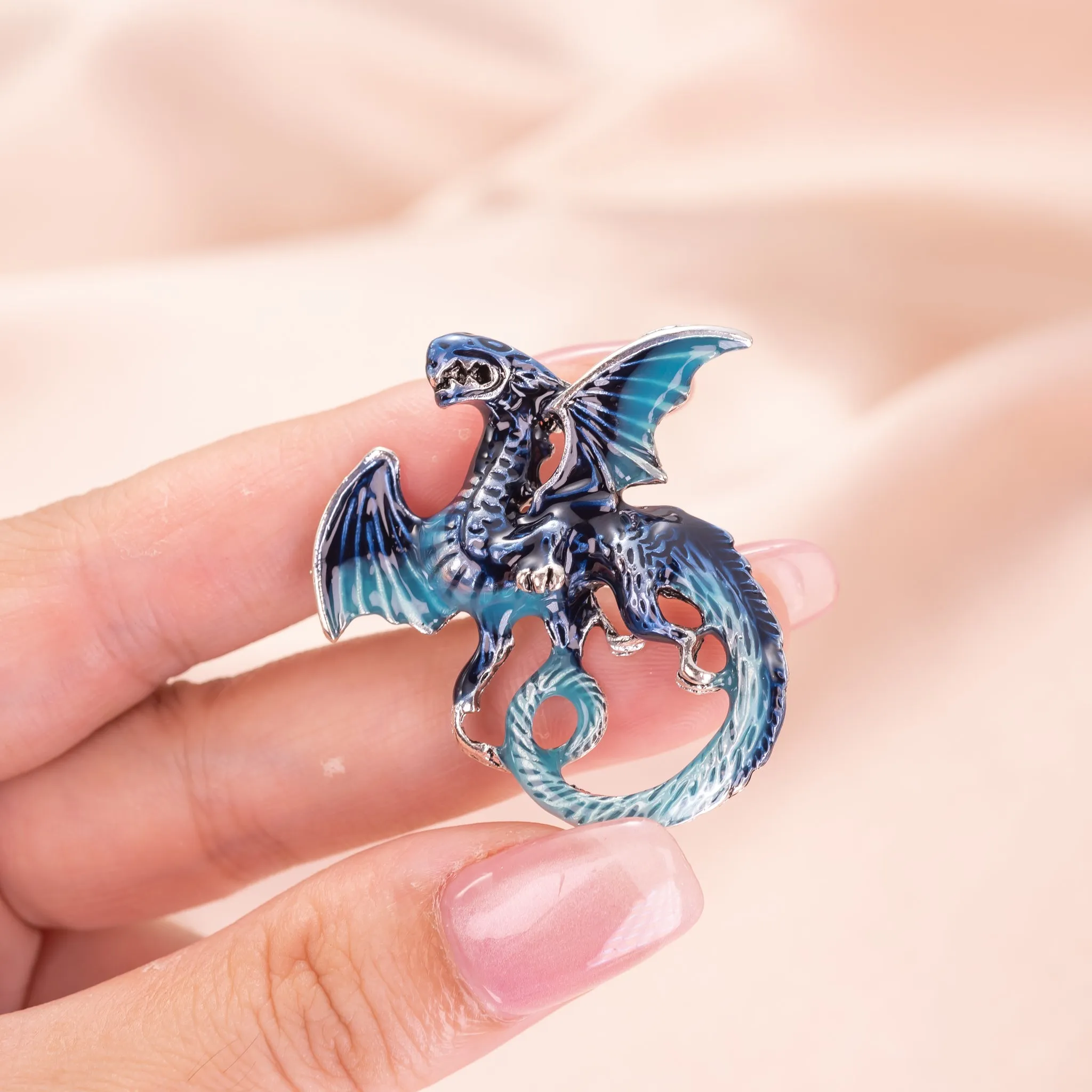 Royal Blue Dragon Brooch and Pendant Necklace with Steel Chain