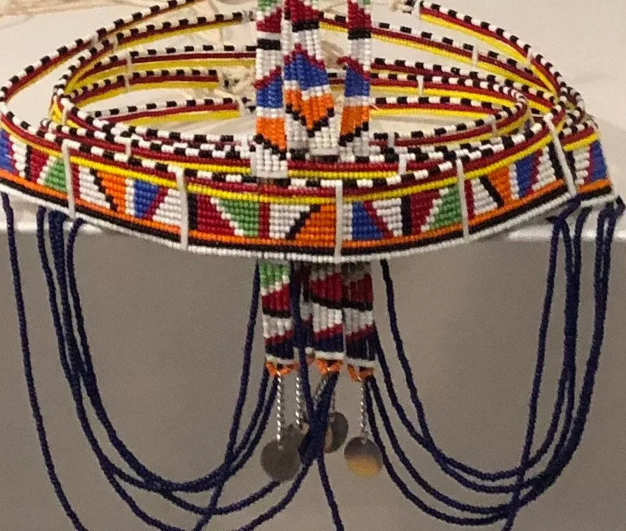Selah Crown | Crown with Staff and Drapes | Multicolor East African Beaded Crown with Decoration | Nile Valley Jewelry | Tribal & Ethnic