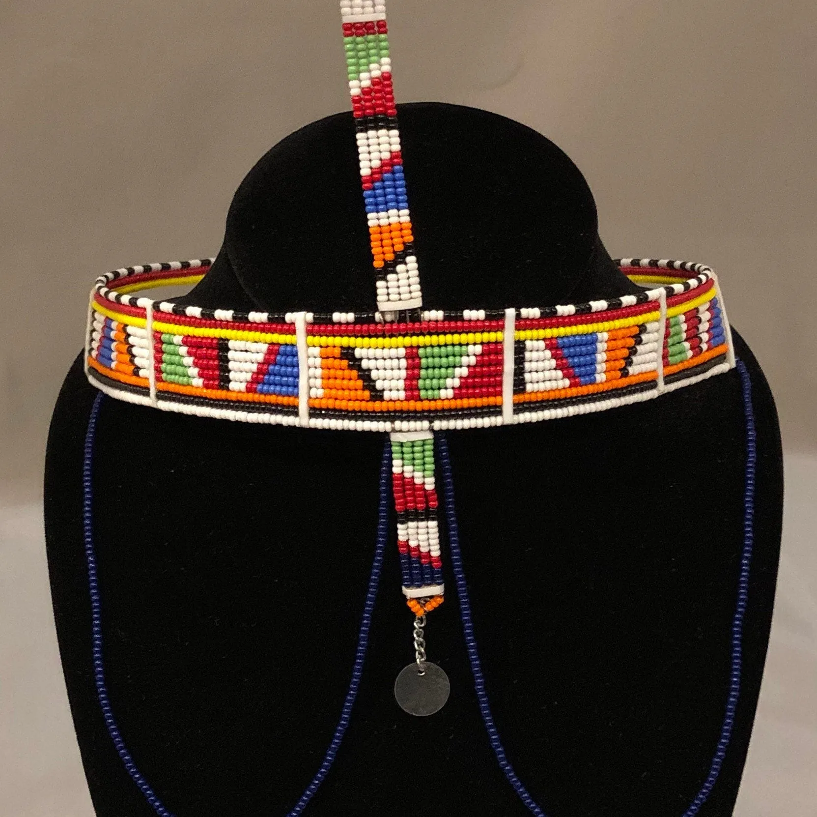 Selah Crown | Crown with Staff and Drapes | Multicolor East African Beaded Crown with Decoration | Nile Valley Jewelry | Tribal & Ethnic