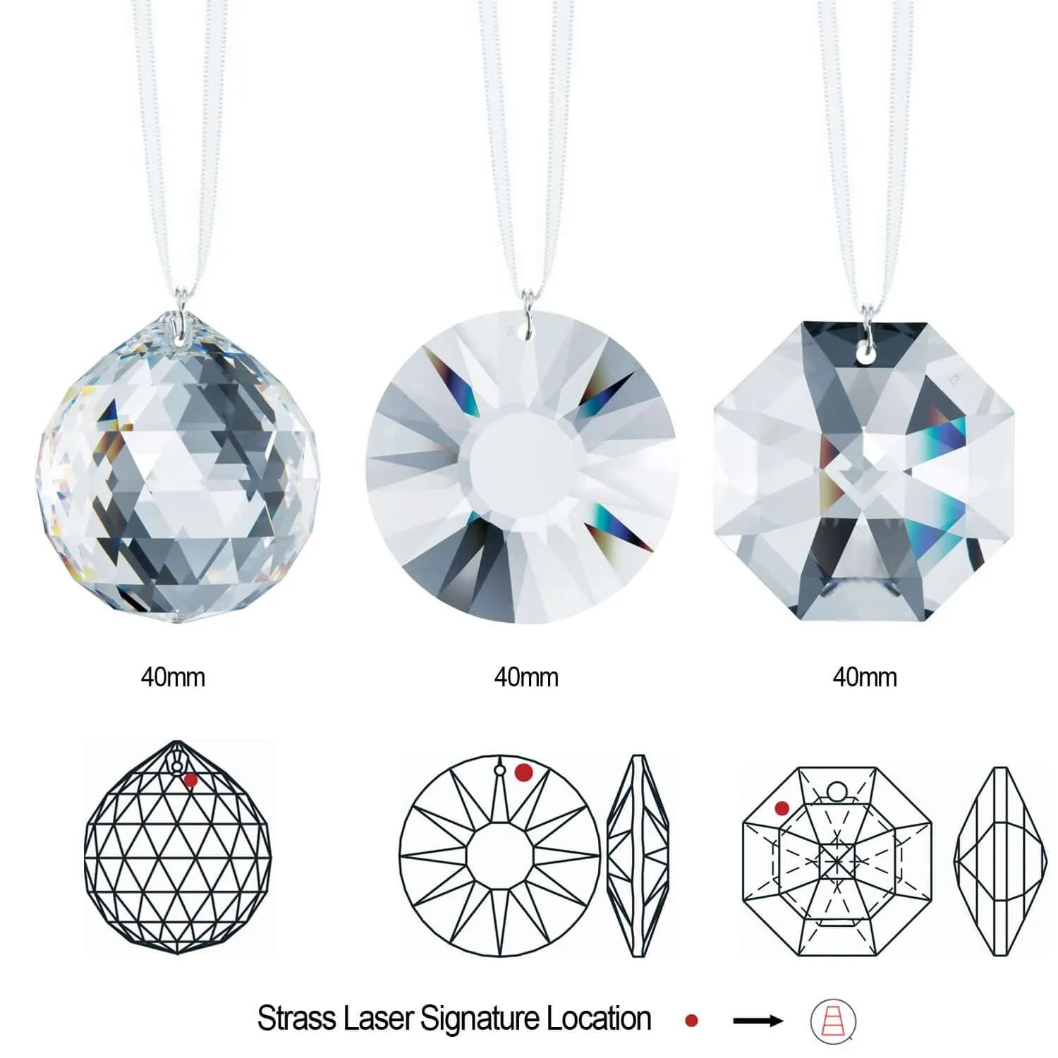 Set of 40mm Genuine Swarovski Crystal Prisms Hanging Crystal Suncatchers (3 Pcs)