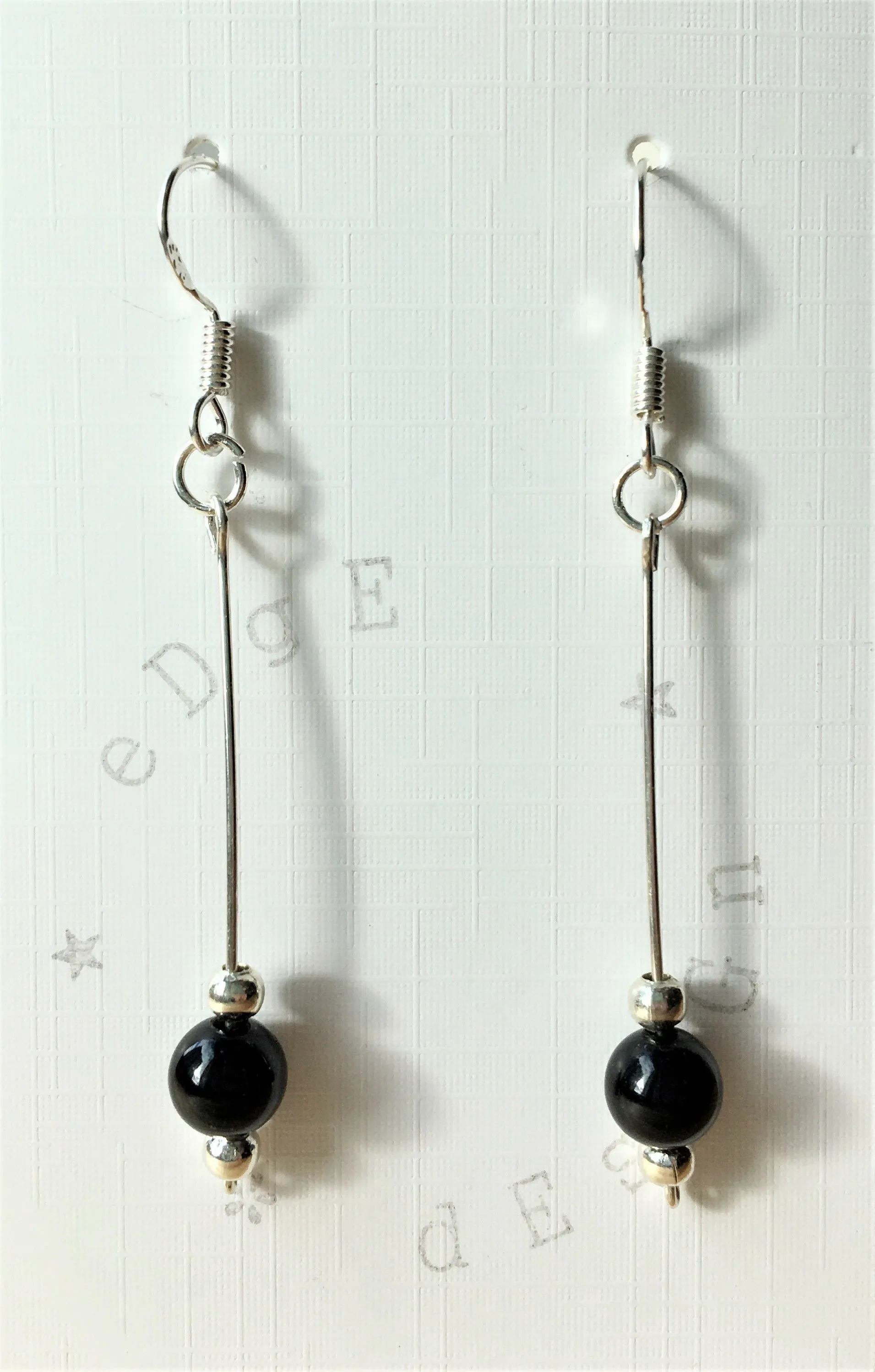 Silver dangle drop earrings - silver wire with black onyx