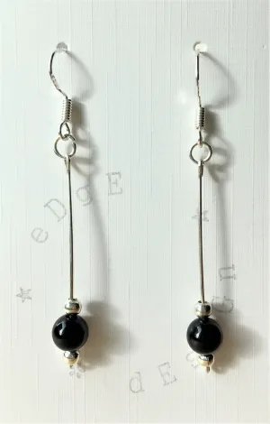 Silver dangle drop earrings - silver wire with black onyx