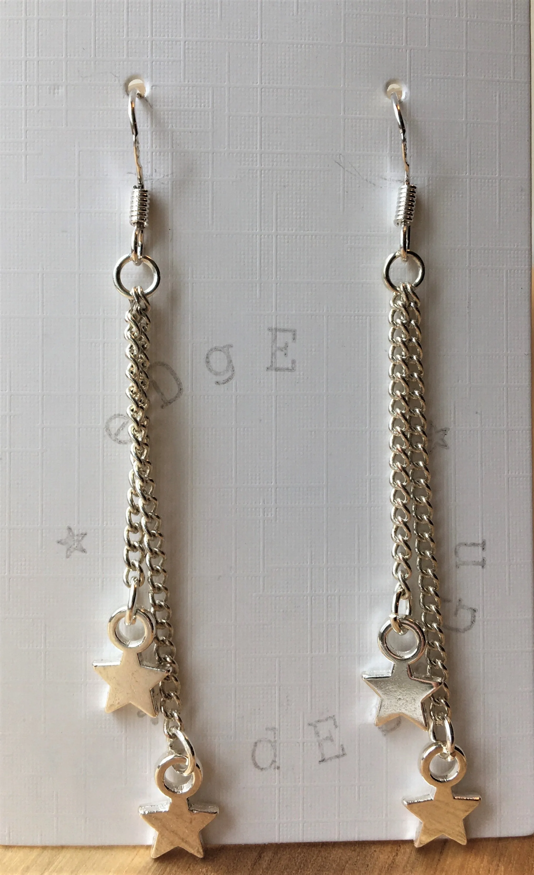 Silver dangle drop earrings - two link chains with star charms