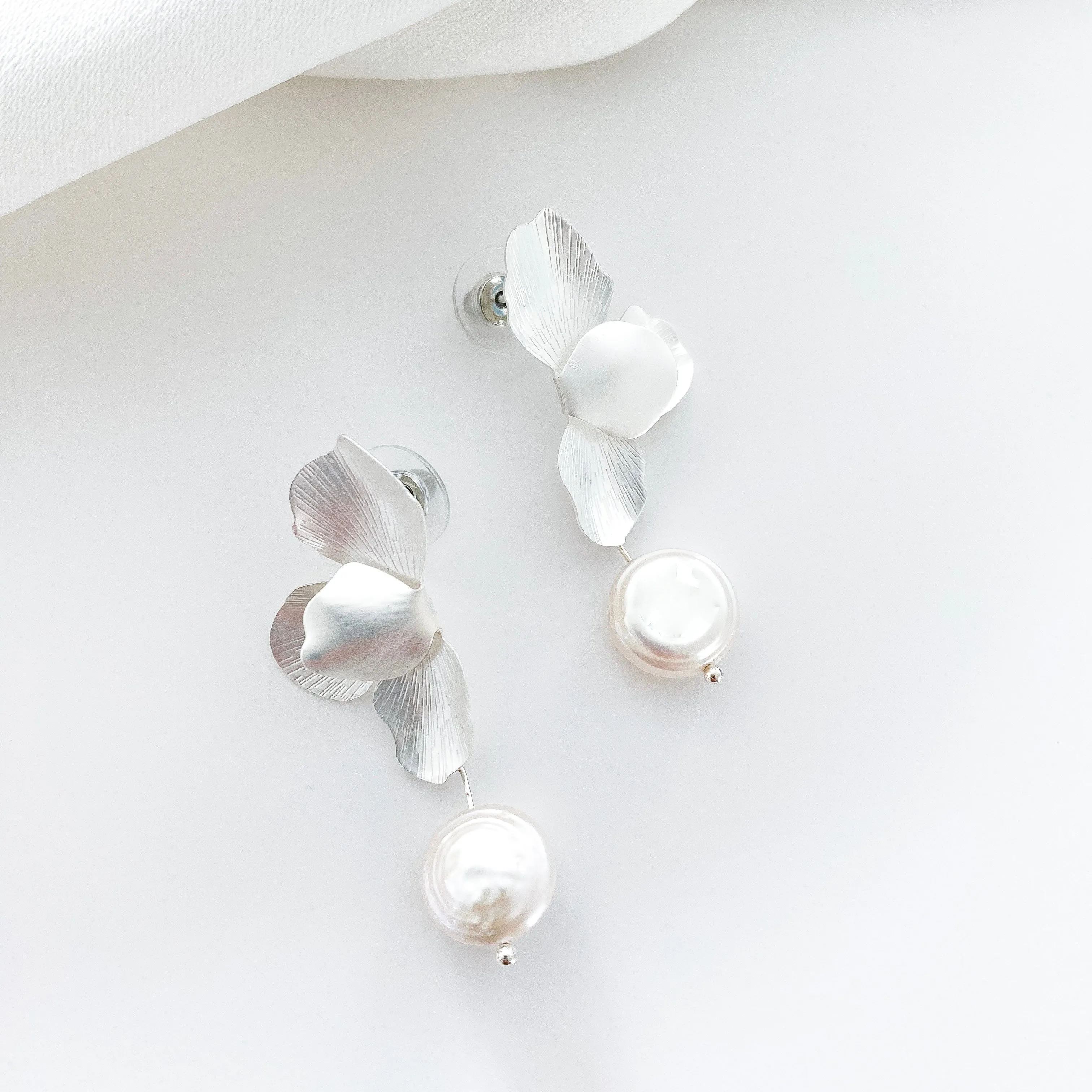 Silver Folded Flower Pearl Earrings