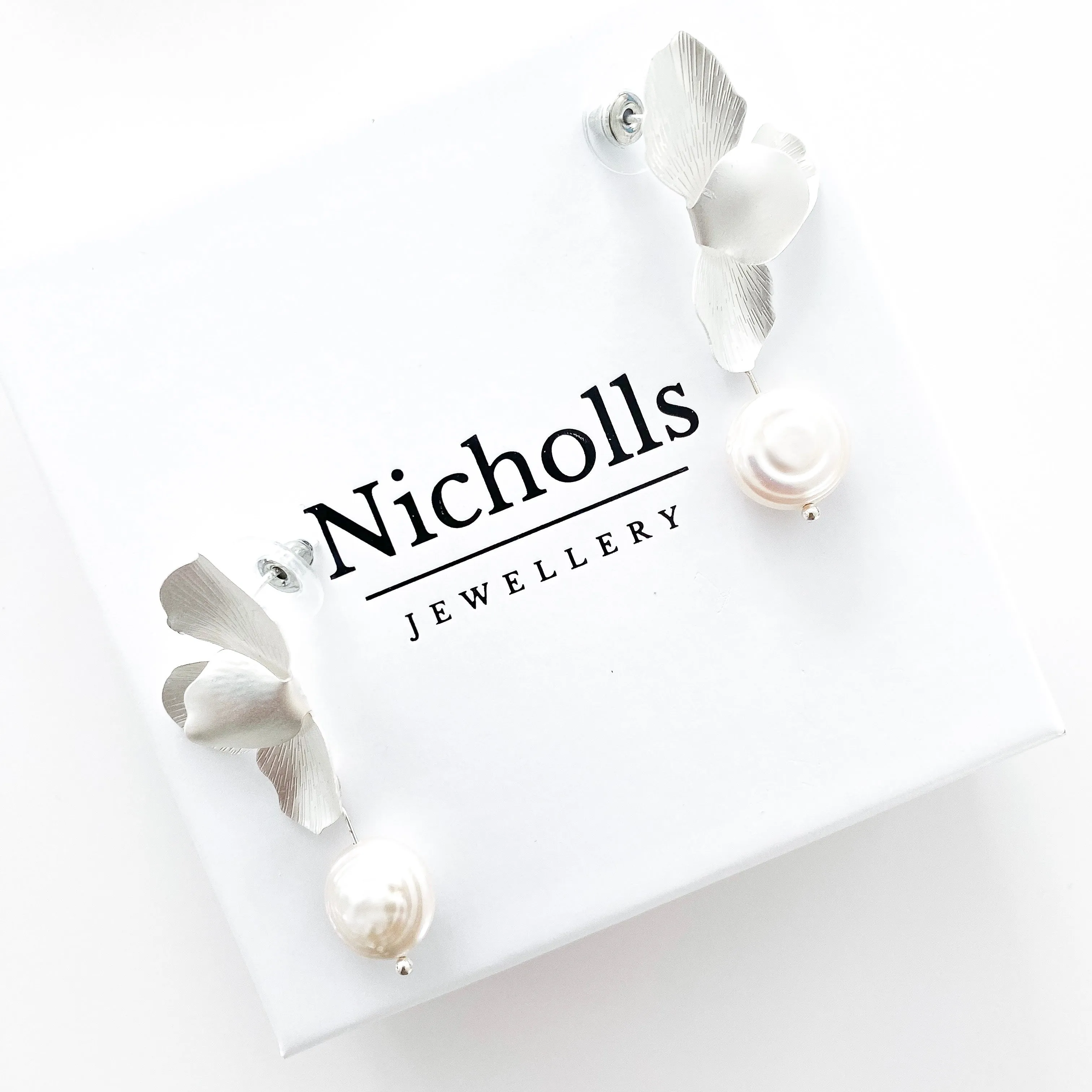 Silver Folded Flower Pearl Earrings